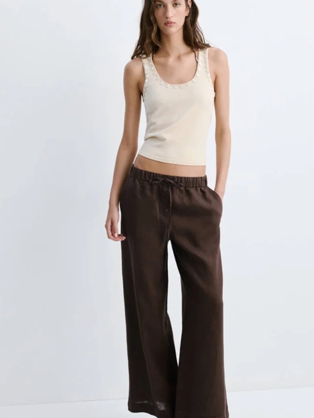 Mango women Wide-Leg Linen pants in Brown